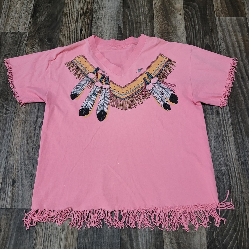 VTG Women's 90's Pink USA Native American Short Sleeve Shirt Size Large